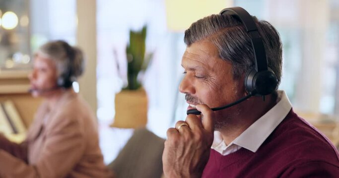 Office, call center and business people, consultant or agent with web chat, virtual communication and computer at night. Telecom, speaking and happy salesman or senior man on desktop for consulting