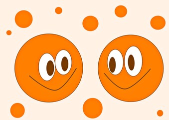 two happy orange emoji look at each other and smile