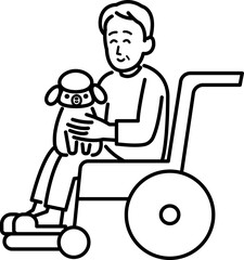 車椅子に乗る年配男性とセラピー犬のイラスト　線画のみ