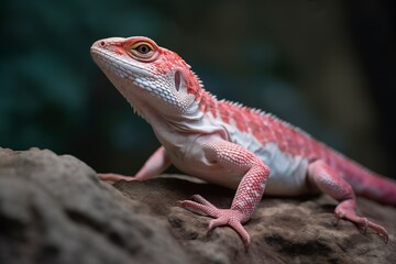 Iguana on the side beside a tree trunk in a park, with a hazy background.