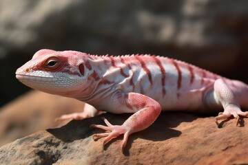 Naklejka premium Iguana on the side beside a tree trunk in a park, with a hazy background.