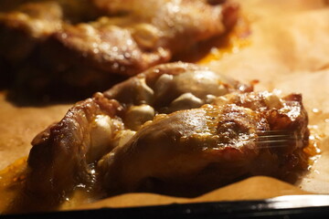 Fresh chicken steak grill meat in the oven. Cooking tender and juicy meat in the oven