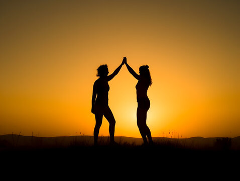 Man and woman clapping each other on the hill. Concept of national high five day.