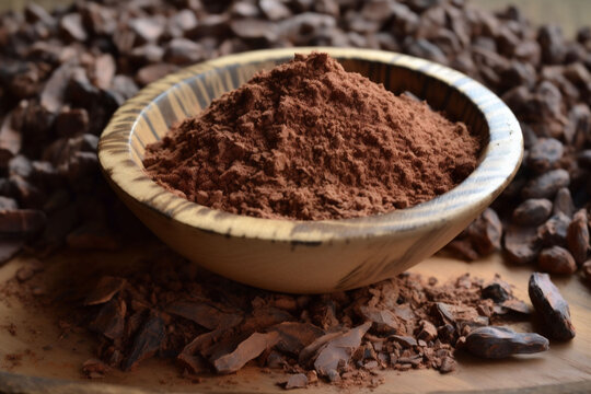 brown dessert food bean chocolate powder dark cocoa ingredient sweet. Generative AI.
