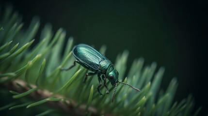 A close-up image of a small insect perched on the end of an evergreen needle, generative Ai