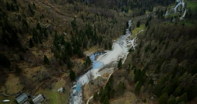 Aerial Overhead View Landscape In Val Di Mello Valley Forest. Orbit Motion