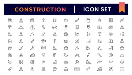 Construction line icons set. Home repair tools outline icons collection. Construction tools, builders and equipment symbols. Builder, crane, engineering, equipment, helmet, tool, house - stock vector. © artnazu