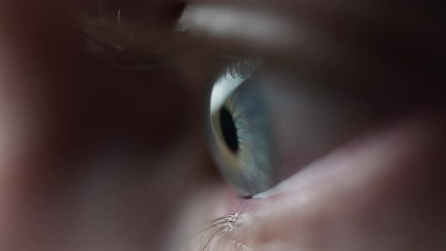 Profile side view of a blue eye opening and looking straight. Slow motion. Shallow depth of field. 