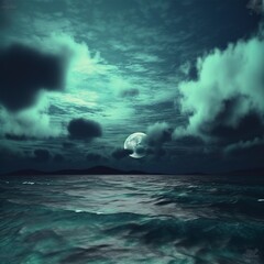 Fototapeta premium Full moon at night under clouds above the sea.