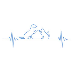 Linear illustration of the logo of the veterinary clinic.Dog and cat with a pulse on a white background
