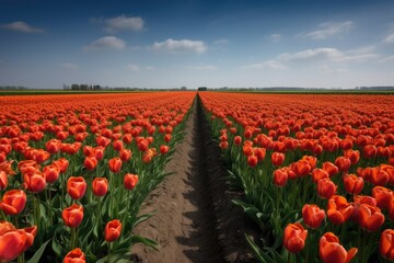 Dutch Holland Tulip Flower Field Festival in the Netherlands, Stunning Scenic Landscape Wallpaper, Generative AI