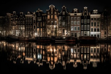 Fototapeta na wymiar The Amsterdam Canal Houses at night, Close up, Windows, Stunning Scenic Landscape Wallpaper, Generative AI
