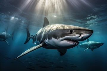 Shark Underwater Ocean View by a Scuba Diver Snorkeling, Tourism Travel, Stunning Scenic Seascape Wallpaper, Generative AI
