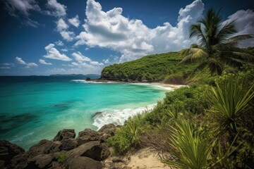 Fototapeta na wymiar Caribbean Tropical Island Paradise with Sandy Beach, Stunning Travel Scenic Landscape Wallpaper, Generative AI