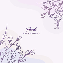 Purple square background with hand drawn leaves and flower border or beautiful purple floral background