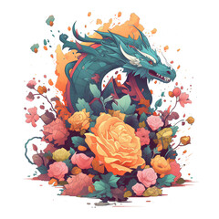 Illustration dragon with flower AI Generative