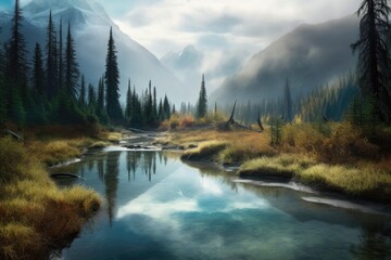 Mountain Valley Meadow in Alaska, Denali in Autumn, Stunning Scenic Landscape Wallpaper, Generative AI - obrazy, fototapety, plakaty