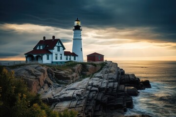 Fototapeta premium New England Lighthouse at Summer Sunset, Cape Cod Light House on the Atlantic Coast, Stunning Scenic Landscape Wallpaper, Generative AI