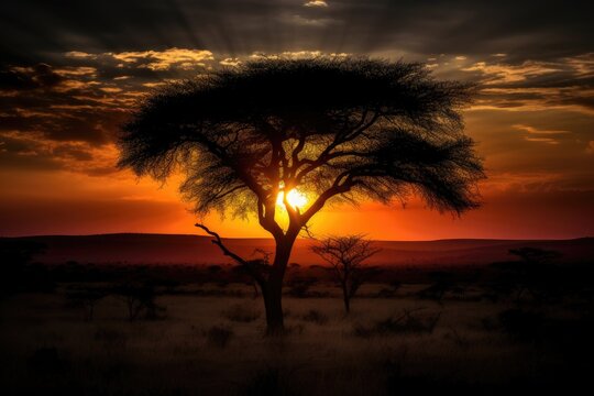 African Kenyan Safari Sunset Landscape, Stunning Scenic Travel Landscape Wallpaper, Generative AI