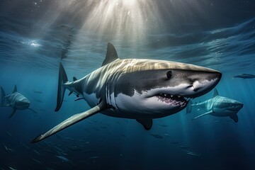 Naklejka premium Shark Underwater Ocean View by a Scuba Diver Snorkeling, Tourism Travel, Stunning Scenic Seascape Wallpaper, Generative AI