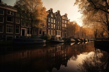 Plakat The Amsterdam Canal Houses, Stunning Scenic Landscape Wallpaper, Generative AI