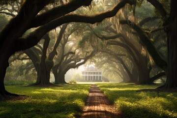 Old Southern Plantation House with Trees, Stunning Scenic Landscape Wallpaper, Generative AI