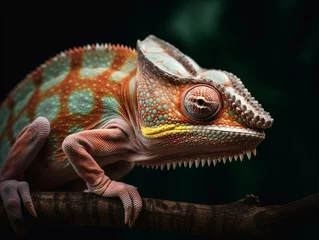  close-up of chameleon on a black background. © KKC Studio