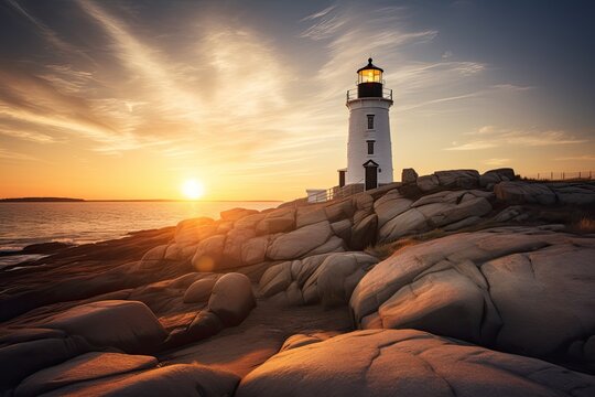 New England Lighthouse at Summer Sunset, Cape Cod Light House on the Atlantic Coast, Stunning Scenic Landscape Wallpaper, Generative AI