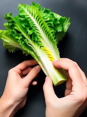 A man is preparing a green salad from romaine lettuce.  Healthy food concept
