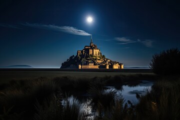 Mont Saint-Michel Island, Normandy France at Night with a Full Moon, Stunning Scenic Landscape Wallpaper, Generative AI