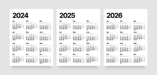 Annual calendar template for 2024, 2025, 2026 years. Week Starts on Monday. Business calendar in a minimalist style.
