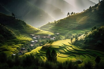 Terraced Farming in Southeast Asia, Machu Picchu, Stunning Scenic Landscape Wallpaper, Generative AI