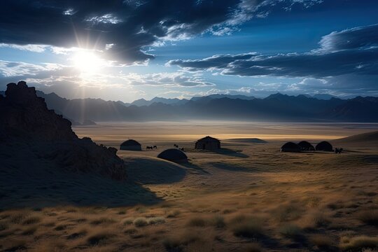 Monoglia Yurt Gert in Mongolian Valley, Stunning Scenic Sunrise Landscape Wallpaper, Generative AI