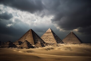 Egyptian Pyramids in Egypt  with ominous clouds, Stunning Scenic Landscape Wallpaper, Generative AI