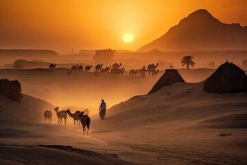 Fototapeta na wymiar Egyptian Camel Caravan with Shepherds at Sunset Stunning Scenic Landscape Wallpaper, Generative AI