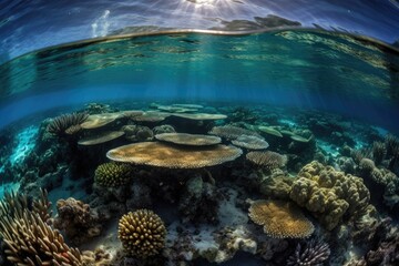 Fototapeta na wymiar Underwater Ocean View by a Scuba Diver Snorkeling, Tourism Travel, Stunning Scenic Seascape Wallpaper, Coral Reef and Marine Life, Generative AI