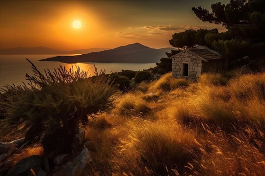Greece Island Sunrise, Stunning Scenic Landscape Wallpaper, Generative AI