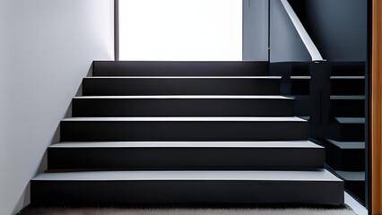 Modern, elegant black stone stair, landing staircase with window, tempered glass panel, stainless steel handrail in polished concrete wall hall, carpet floor. Interior background - AI Generative