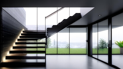 Modern, elegant black stone stair, landing staircase with window, tempered glass panel, stainless steel handrail in polished concrete wall hall, carpet floor. Interior background - AI Generative - obrazy, fototapety, plakaty