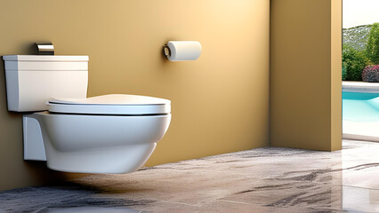 Naklejka na ściany i meble Modern, luxury wall-hung toilet bowl, closed seat with dual flush, reeded glass partition, bidet, tissue paper holder, white bathtub on the granite tile floor - AI Generative