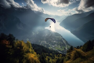 Paragliding above Interlaken in the Swiss Alps in Switzerland, Europe, Stunning Scenic Landscape Wallpaper, Generative AI - obrazy, fototapety, plakaty