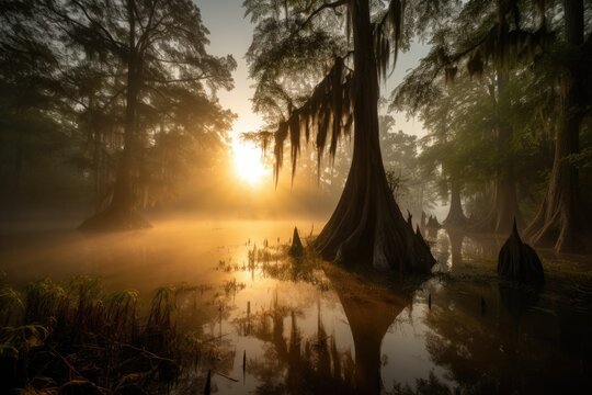 Louisiana Southern Bayou Swamp with Trees at Sunset, Stunning Scenic Landscape Wallpaper, Generative AI