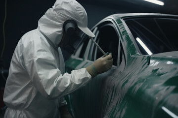 person in car Professional auto painter applying a coat of paint to a vehicle in a paint booth, Generative AI	