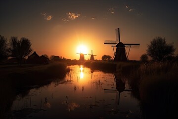 Fototapeta na wymiar Dutch Windmill in the Netherlands at Sunrise, Landscape Wallpaper Calendar, Generative AI