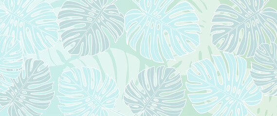 Vector soft green tropical background with monstera leaves. Background for decor, covers, postcards and presentations, wallpapers.