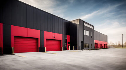 Modern black and red warehouse building with loading dock doors. Generative AI