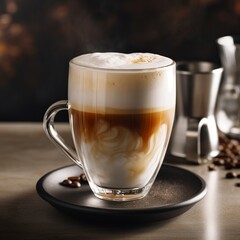 Naklejka premium Coffee layers in a see-through glass cup: cafe latte macchiato. Coffee beans are on the table next to the cup, which is set against a wooden background.