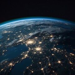 Every night Earth is a planet in space. Town lights on Earth. Individual life. element of the solar system.