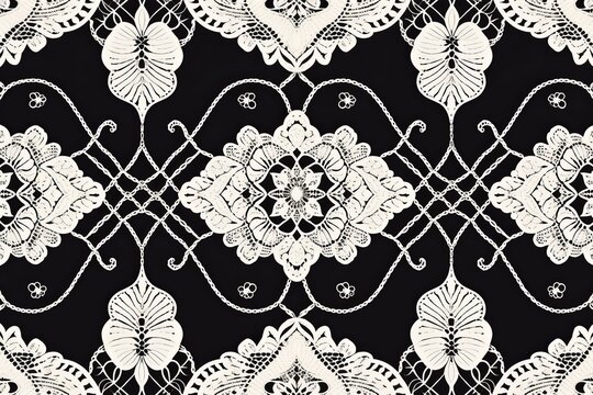simple seamless lace themed pattern with black background, black and white pattern, black and white seamless pattern, black and white lace, seamless pattern with lace, Generative AI