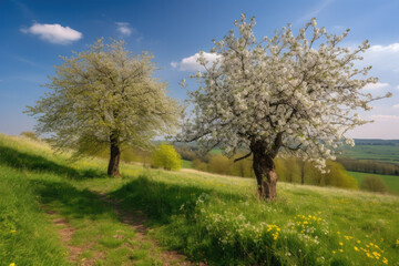 Fototapeta na wymiar Two blooming fruit trees on a hilly flower meadow in spring in rural landscape with blue sky